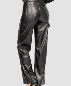 HELLO MISS Cargo Hose Coated Denim Leder Optik Stretch Pants Beschichtet In Schwarz