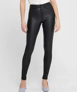 ONLY Kunstleder Hose High Waist Stretch Denim Beschichtet Coated ONLROYAL In Schwarz