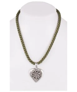 Schuhmacher Halskette K100 Kordel Herz Mit Edelweiss Oliv
